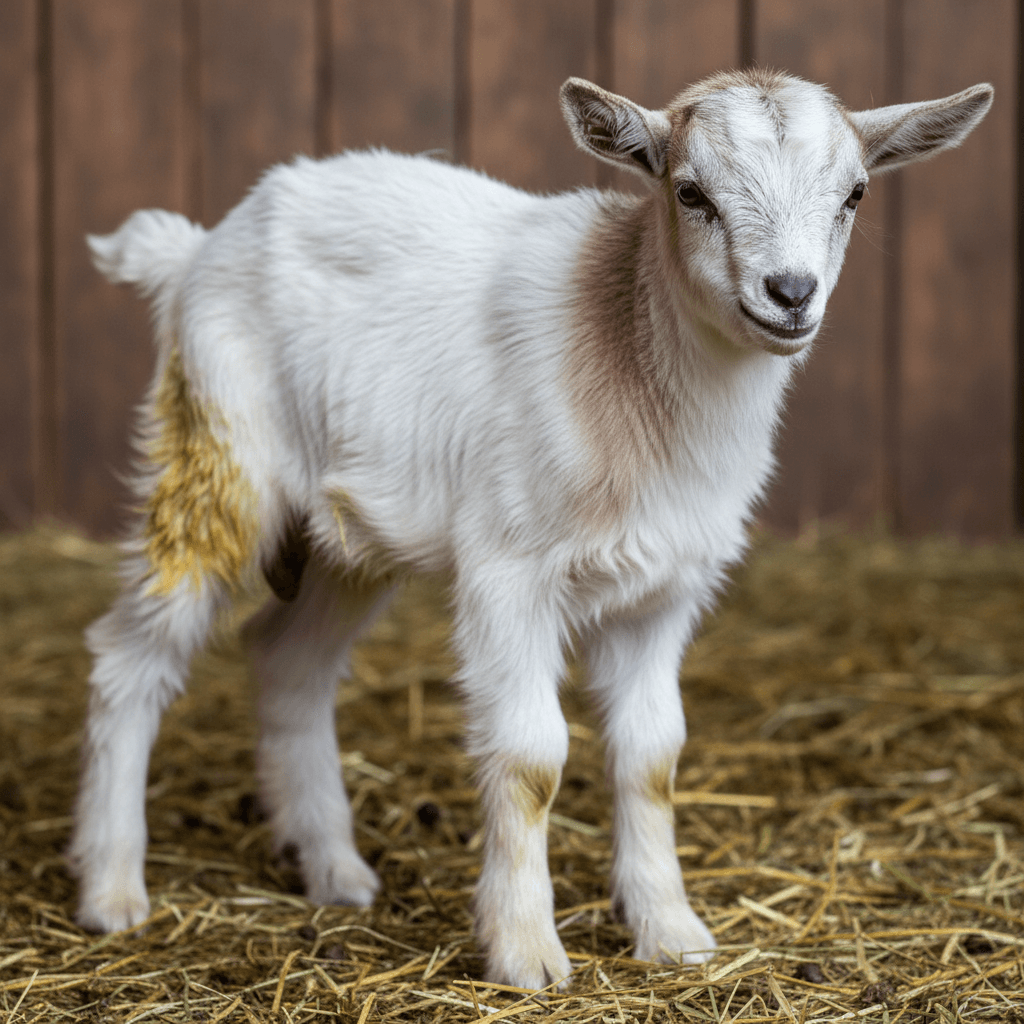 A small white and tan goat kid stands on a bed of straw in front of a wooden wall.